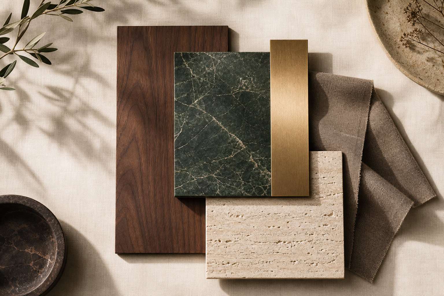 Materials: walnut, lacquered botanical green, brass, stone, taupe linen