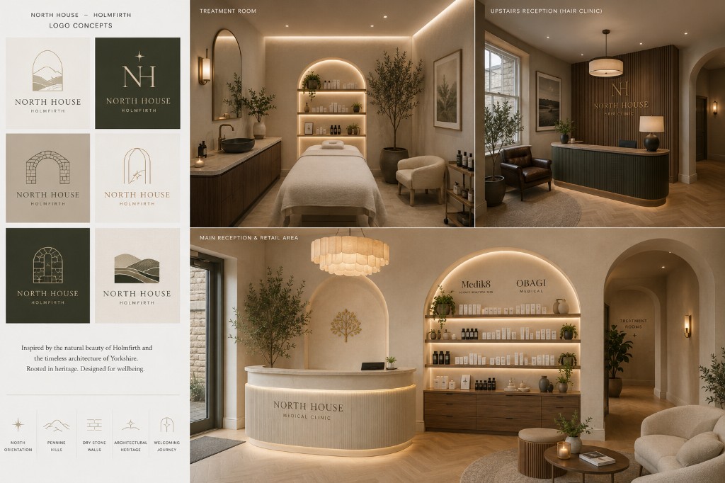 North House Holmfirth — logo concepts and warm render board