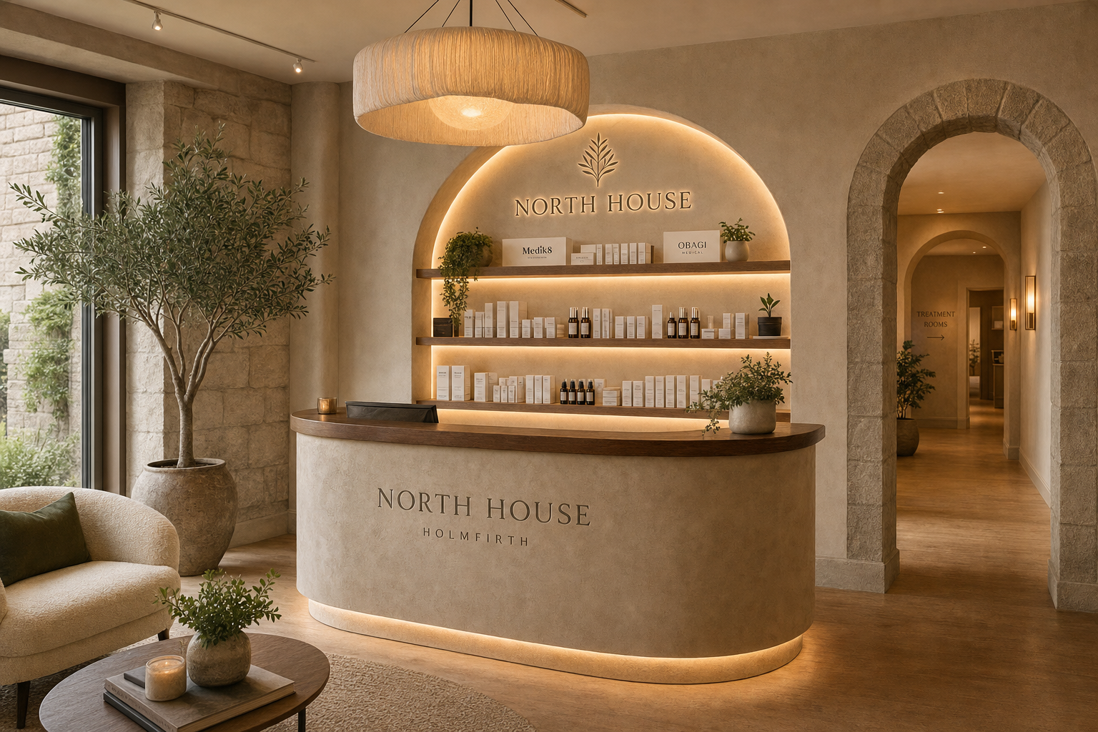 North House reception concept — limewash concierge desk and illuminated arched retail niche