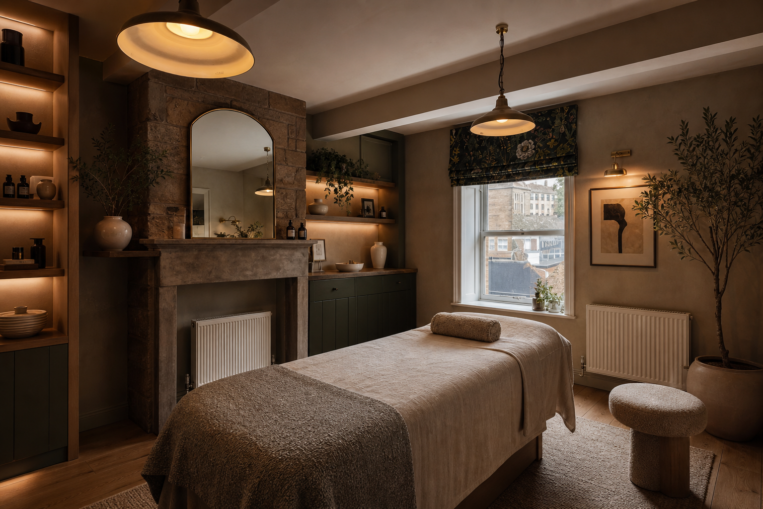 Treatment room with stone fireplace concept render