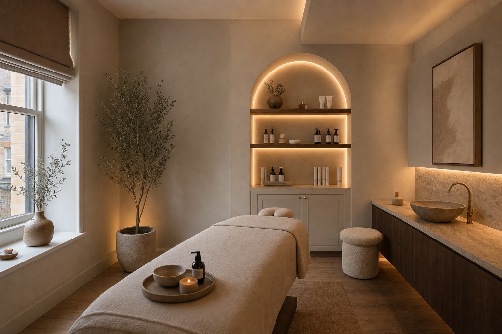 Treatment room — arched product alcove tile