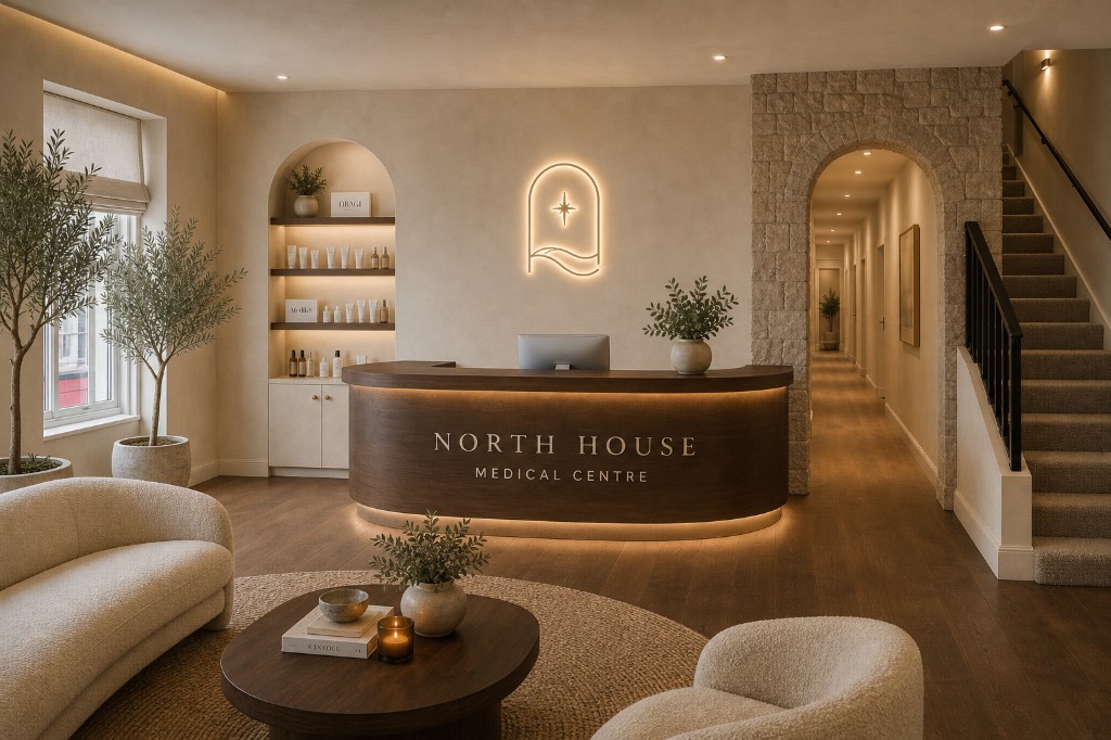Reception — walnut desk, stone arch corridor, bouclé chairs and backlit logo