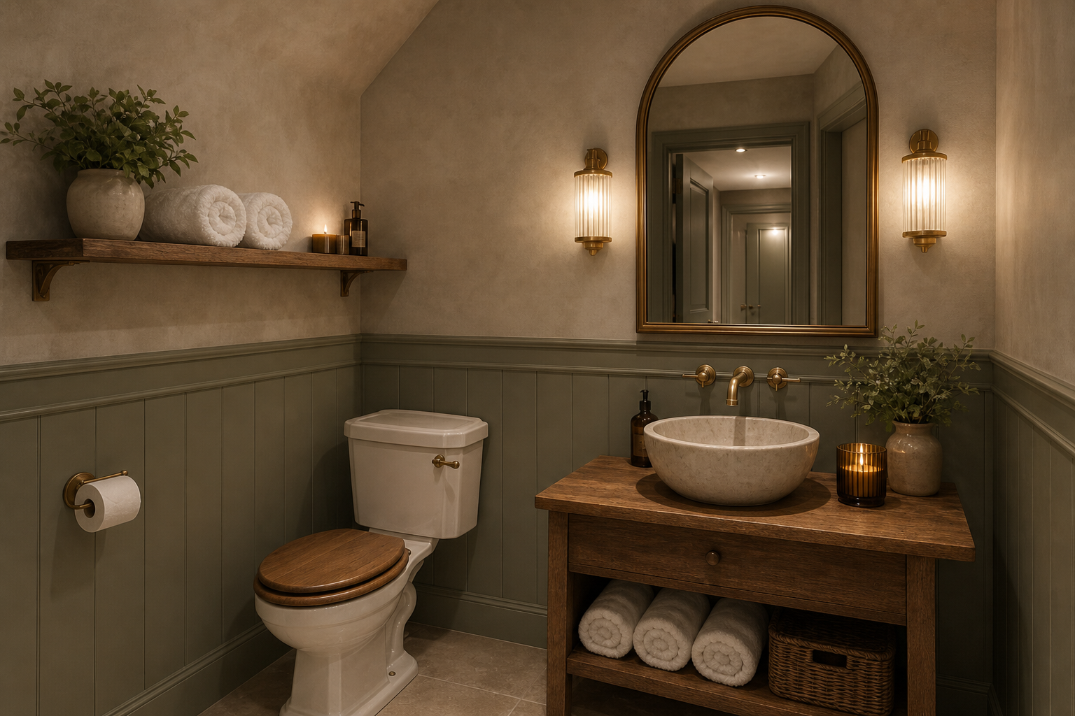Cloakroom — microcement / tile, not floral wallpaper