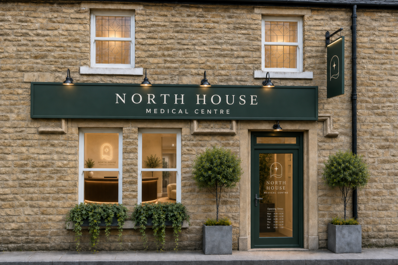 North House exterior — daytime concept with Yorkshire stone, botanical-green fascia, ivory lettering, gooseneck lights, hanging-sign strip light, ivy window boxes, door opening times, and reception desk visible through ground-floor windows