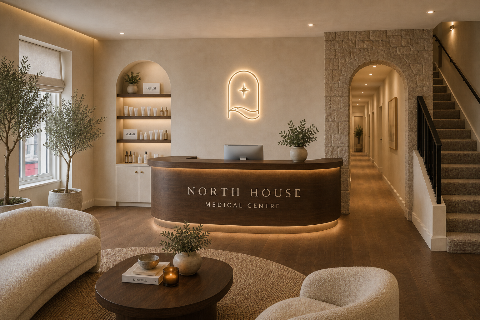 Reception concept — desk against new wall, backlit arch icon, Obagi and Medic8 shelves