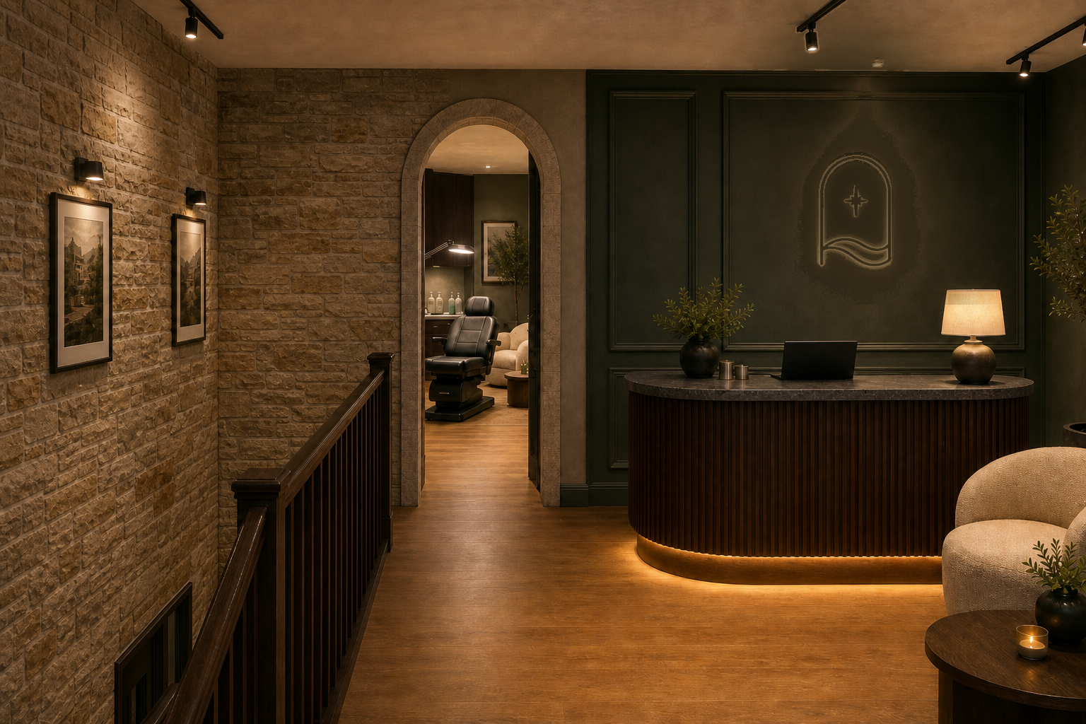 Zoomed-back landing — Yorkshire stone stair wall, stone arch into treatment, reception on the back wall