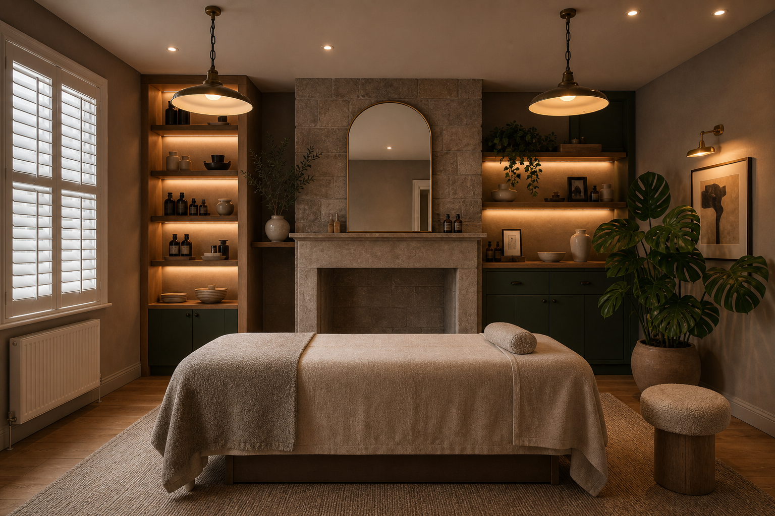 Treatment room — shutters, spotlights, fireplace and big-leaf live plants